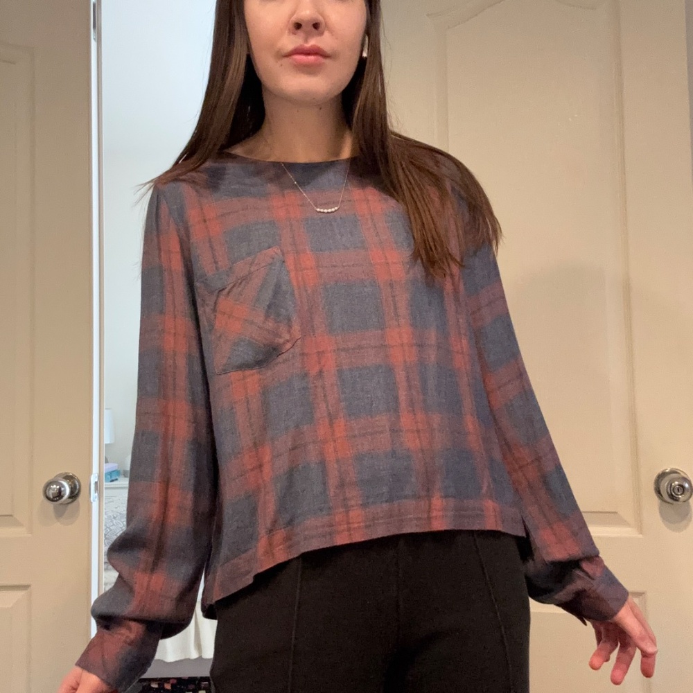 Anthropologie Cloth & Stone Plaid Long-Sleeve Lace-Up Back Blouse